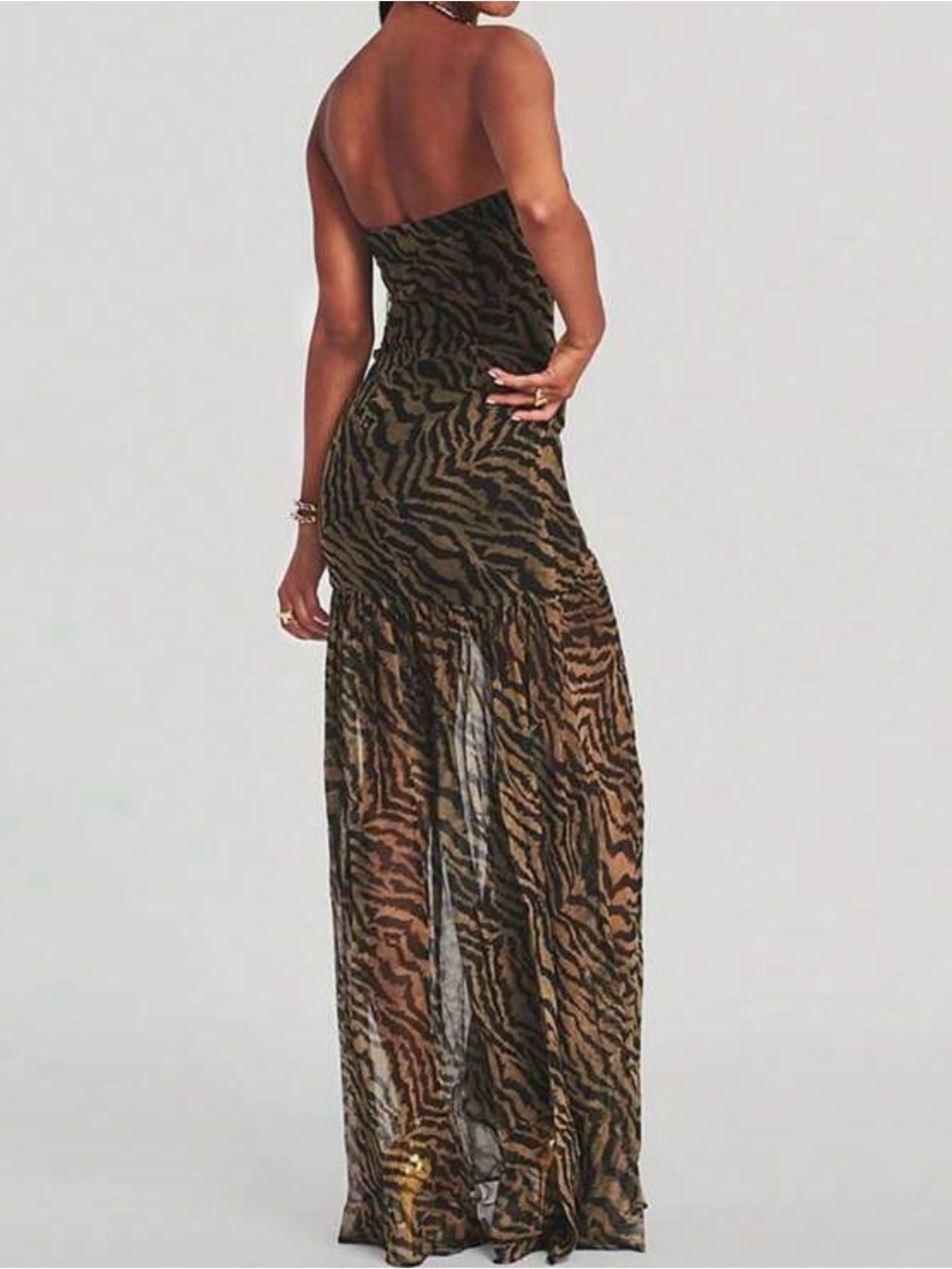 Strapless Olive Zebra-Print Maxi Dress with Front Slit - Picture 3 of 3
